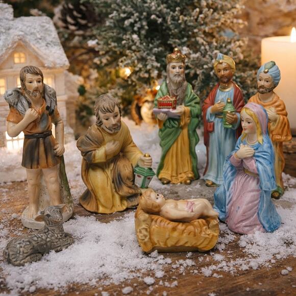 Flambro Fine Porcelain Nativity Set Made in Taiwan Vintage Christmas Figures - Picture 1 of 7